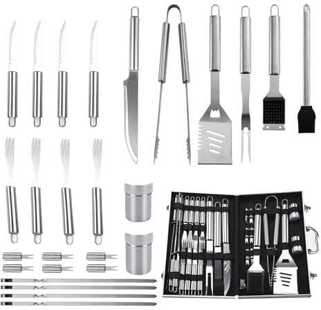 BäRbar Utomhusgrill I AluminiumlåDa, Grillverktyg I Rostfritt StåL, GrilltillbehöR, LäMplig FöR Camping, Picknick, Fest, Praktisk Present FöR MäN,26-pieceset