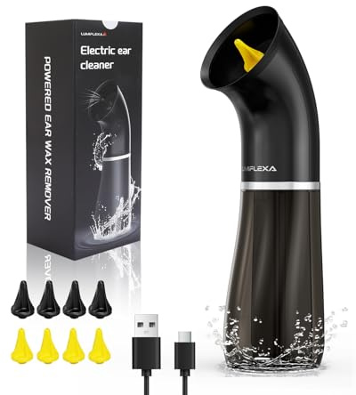 Lumiflexa Nettoyant Oreille, Nettoyeur Pour Les Oreilles Double Réservoir D'eau de 250 ML, 4 Pressions D'eau Pour un Nettoyage,USB & 8 Écouteurs, IPX7 Pour un Rinçage Sûr et Efficace du Cérumen(Noir)
