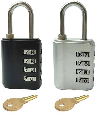 Candado Combinacion 4 Dígitos, Candado Numerico Aleación de Zinc con Llaves, Candados de Metal Impermeable, Candados Seguridad para Taquillas, Gimnasio, Maleta Viaje, Gabinete, Puerta (Negro/Plateado)