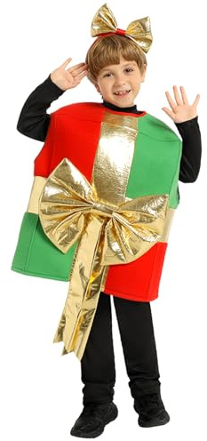 TAGVO Disfraz Navidad para Niñas Niños, Disfraz Infantil de Caja de Regalo Navideña, Conjunto de Disfraces Navideños para Ropa Festiva Mascarada Cosplay Carnaval