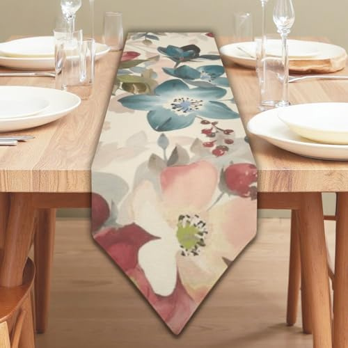 Red Blue Flowers Green Leaves Twigs Holiday Table Runners Wedding Table Runner Turner for Dining Spring Home Decoration Spring Party for Home Kitchen Dining Holiday Decor 13 × 90 inch