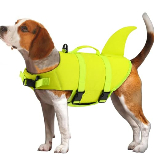 EMUST Dog Life Jacket for Large Dogs, Ripstop XL Pet Float Vest with Rescue Handle for Water at Pool, Beach, Boating (XL,BrightYellow)