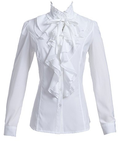 Taiduosheng Damen-Shirt, Spitze, Rüschenausschnitt, Stehkragen, Button-Down-Bluse, langärmelig, OL Shirt Tops, weiß, S
