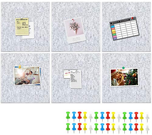 Yoillione Tablero de Corcho Autoadhesivo, 30x30 cm, 6 Piezas de Tableros de Fieltro Cuadrados, Tablones de Anuncios con 30 Chinchetas para Oficina