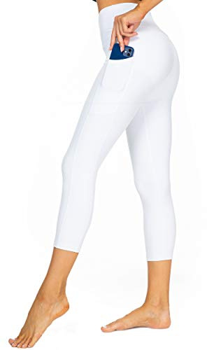 Kcutteyg Yoga Pants for Women with Pockets High Waisted Leggings Workout Sports Running Athletic Pants (Capri White, Large)