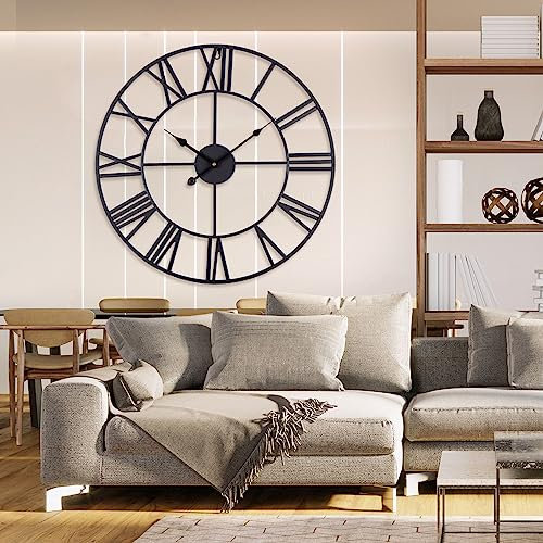 ACCSHINE 60 cm Orologio da Parete Grande in Stile Vintage in Metallo Numeri Romani Orologio da Parete Vintage Silenzioso Non Ticchettio a Batteria Soggiorno Arredamento Camera da Letto(Nero)