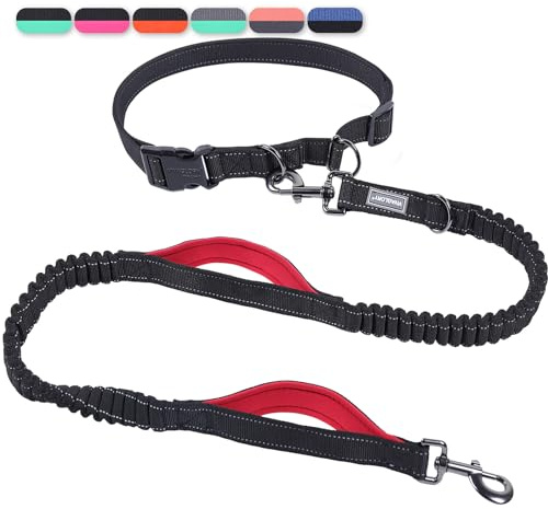 VIVAGLORY Laisse de Jogging Bungee pour Chien, Laisse de Course avec Boucle et Poignée Rembourrée, Modèle Élastique avec Amortisseur pour Chiens, Ceinture 65-112CM, Bungee Double, Noir/Rouge