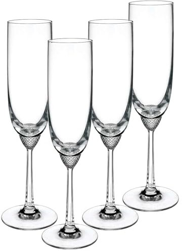 Villeroy & Boch Signature Octavie Sektkelche, 4er-Set, 160 ml, Champagnergläser aus nostalgischem Kristallglas mit Spitzstein-Dekor unterhalb der Kuppa, 225 mm, Klar, Spülmaschinengeeignet