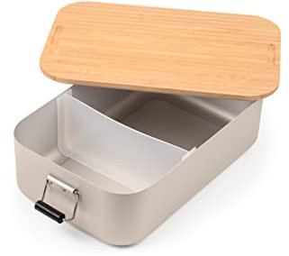 TROIKA XL Lunchbox mit Bügelverschluss aus Aluminium und Bambus, Deckel als Schneidebrett verwendbar, Maße: 23,6cm x 14,7cm x 7,2cm, BOX30