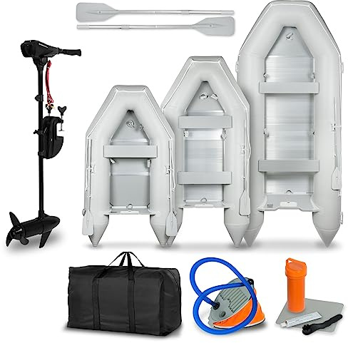 EBERTH Schlauchboot mit Motor, 3-8 Personen, 50-86 LBS Schubkraft, Führerscheinfrei, Angelboot mit Elektro Außenborder, Sitzbänke, Festrumpf, Außenbordmotor, 2xPaddel, Pumpe, Reparaturkit, Tasche
