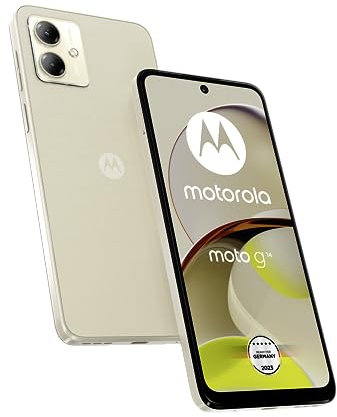 Motorola Mobility Moto g14 Smartphone avec écran FHD+ 6,5, appareil photo 50 Mpx, 4/128 Go, 5000 mAh, Android 13, crème au beurre (cuir synthétique vegan) avec étui de protection