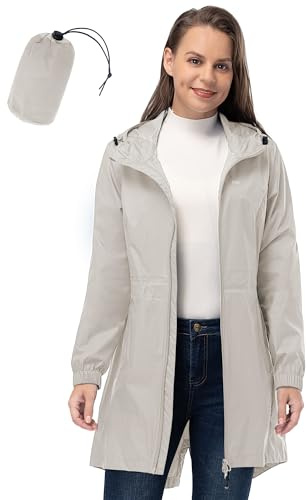 33,000ft Abbigliamento impermeabile da pioggia, poncho da pioggia leggero e traspirante antivento con cappuccio, mantelli impermeabili lunghi e sottili pieghevoli per donna, beige, XS