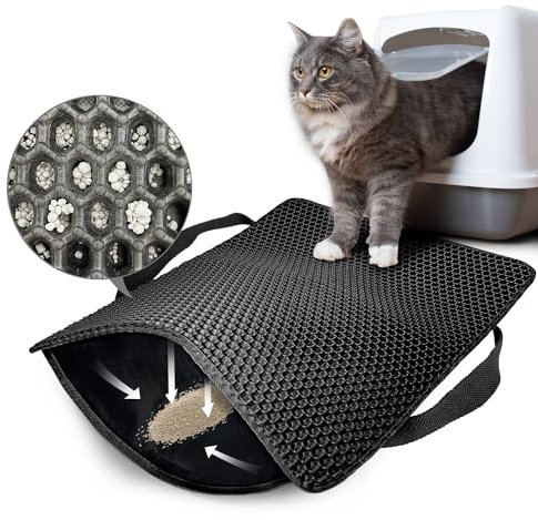 Hanbramo Katzenklo Matte, 61 * 38CM Honeycomb Double Layer Non-Slip Katzenstreu Matte, wasserdicht und Urin Proof Katzen Matte für Litter Catcher, Cat Litter Mat Streu Kontrolle [Schwarz]