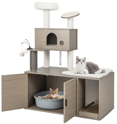 COSTWAY Arbre a Chat Litiere Intégrée, Meuble Litiere Cachées, 1 Niche, 2 Pompons, Planche à Griffer, Tapis à Gratter, Plateforme, Brosse de Massage, Maison de Toilettes (132 CM)