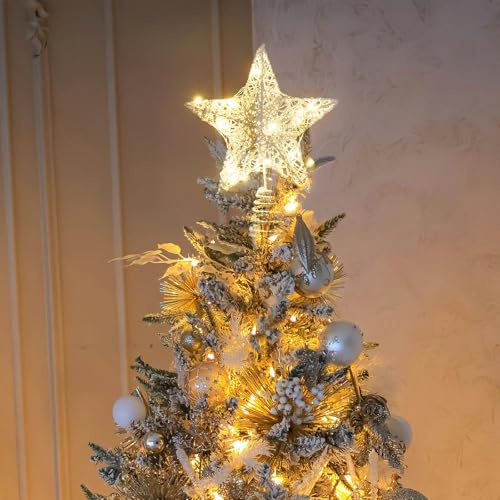Christmas Star Tree Topper, Lighted Christmas Tree Topper, Hollow Gold Lighted Tree Star, LED Light Up Xmas Tree Topper, Christmas Tree Decorations (Gold, 17cm*10cm*10cm)