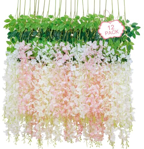 Siyaluens 12Pcs Artificial Wisteria Hanging Flowers, 3.6Ft/Pcs White & Pink Fake Wisteria Garland for Wedding Party Home Garden Indoor Outdoor Decoration