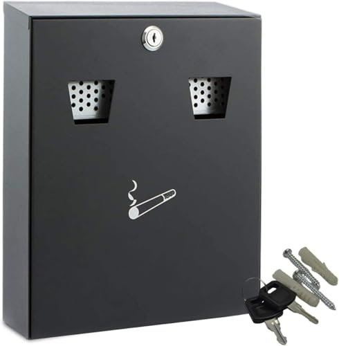 DWD ® Premium Wall Mounted Ashtray Smoking Cigarette Steel Bin Metal Ashtray Lockable With Keys Approved For Outdoor Use Black, Smoking Shelter (Large)