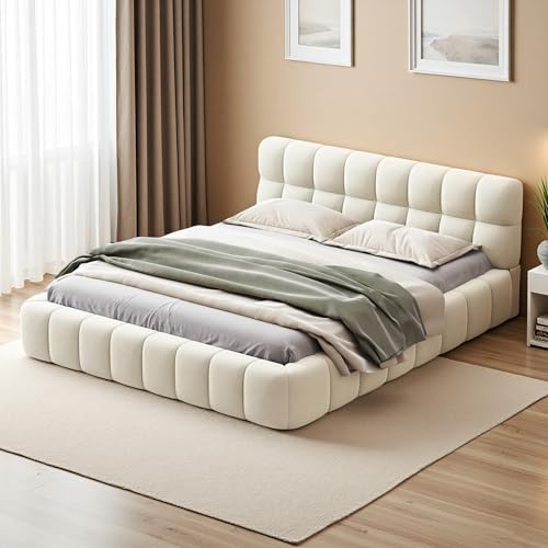 KRYZOR Letto imbottito 160 x 200 cm con contenitore, letto matrimoniale, Idraulico Con Rete a Doghe e Telaio in Metallo, Senza Materasso, Lino (Beige/A, 160x200 cm)