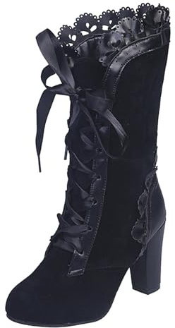 VBEDKDEB Botas de mujer media pantorrilla botas de invierno nuevo tamaño grande botas de encaje encaje media pantorrilla zapatos para trajes tradicionales, Negro , 36 EU