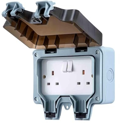 GREENSAPPIRE Outdoor Socket Box Waterproof 2 Gang Double Socket IP66 13A | Durable polycarbonate outdoor plug socket with sealed cover protects garden and garage power connections from dust and water.