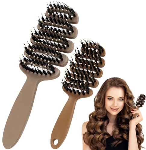HZOUHONG 2 Stück Haarbürste Wildschweinborsten, Haarbürste Ohne Ziepen, Detangler Brush für Damen und Herren, Anti Frizz Bürste Für alle Haartypen Geeignet (Braun)
