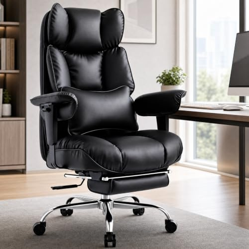 Efomao Fauteuil de Bureau Grande Taille, Chaise de Direction Ergonomique en Similicuir PU 200KG, Siège Ordinateur Réglable à Dossier Haut, Pivotant avec Repose-Pieds et Support Lombaire (Noir)