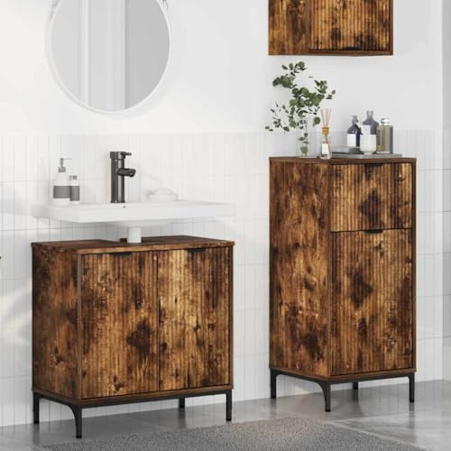 Yunovire badrumsmöbler set rökt ek med lådor och dörrar, tvättställsunderskåp och högskåp, modern badrumsmöbler set med gott om förvaringsutrymme, perfekt för gäster, toalett och tvättrum