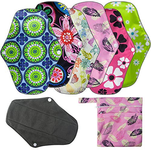 ZCOINS Stoffbinden Größe M (26cm) 6er-Set, Waschbare Binden für Normale Blutung, Damenbinde, wiederverwendbare Damen-Slipeinlage, Bambustuch, Mama-Menstruations-Windeleinlage, mit Nassem Beutel