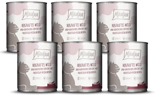 MjAMjAM - nourriture humide premium pour chats - gibier copieux et lapin aux myrtilles fruitées, pack de 6 (6 x 800 g), sans céréales avec supplément de viande