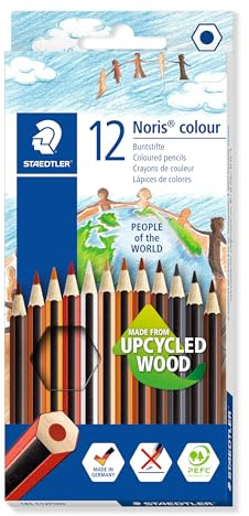 STAEDTLER Buntstifte Noris colour, rutschfeste Soft-Oberfläche, hohe Bruchfestigkeit, Made from Upcycled Wood, Sechskantformat, Set mit 12 Hautfarben-Varianten im Kartonetui, 185 C12POW
