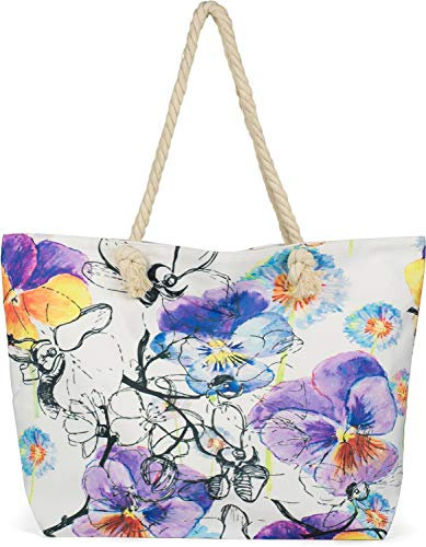 styleBREAKER Große Strandtasche mit buntem Veilchen Blüten Print | Damen Shopper mit Reißverschluss und Kordelhenkel | XXL Badetasche 57 x 39 x 16 cm, Farbe:Weiß-Violett-Blau