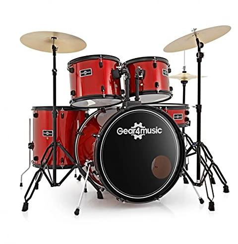 Full Size 5 Piece Beginners Drum Kit BDK-1+ by Gear4music Red | Complete 5-Piece Kit with Cymbals and Hardware, 6-Ply Poplar Shells for Deep Mellow Sound, Solid Double-Braced Stands