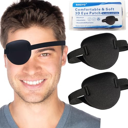 2 parches de ojos 3D para adultos y niños, parches médicos ajustables para ojos derecho o izquierdo, cubierta de un ojo para ambliopía ojos perezosos, disfraz de pirata(2 Negro) (2 Negro)