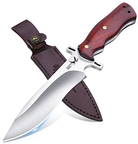 Golden Bird Couteau de Bushcraft avec étui, lame en acier D2 de 4,5 mm, couteau bowie avec manche en bois de rose, couteau de camping pour la survie en plein air.
