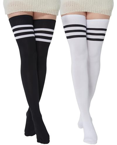 BABAHU Extra lange Overknee-Socken für Damen, Baumwolle, gestreift, A-Z, Schwarz und Weiß, 02, Einheitsgröße