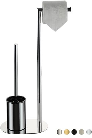 BVL Piantana Portarotolo e Scopino Cromo, Scopino WC con Porta Carta Igienica in Acciaio Inox, Porta Carta Igienica da Terra Scopino Bagno WC