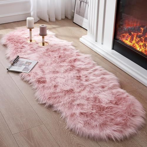 JXLOULAN Alfombra de piel de oveja sintética, color rosa, 60 x 160 cm, de pelo largo, mullida, decoración para salón, para sillas, sofá, dormitorio, habitación infantil