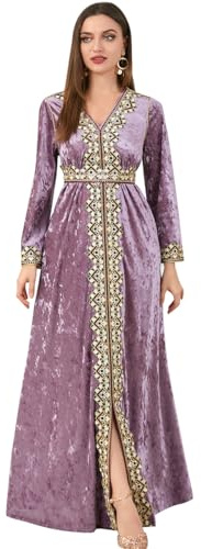ODIZLI Kaftan musulmán Abaya marroquí Moda otoño Invierno Manga Larga Terciopelo Vestido para Eid Ramadán, Púrpura Taro, M
