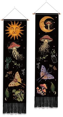PLIGREAT 2 Pack Mysterious Art Mushroom Tapestry Vertical Boho Sun Moon Wall Hanging with Tassels Aesthetic Wall Tapestry for Bedroom Bathroom Living Room Long Narrow Wall Hanging Home Art Decor