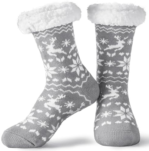 Giggling Getup kvinnors jul toffelstrumpor, luddiga halkfria varma mjuka crew-strumpor för hemmet, julfest gåvor, Grå, Medium