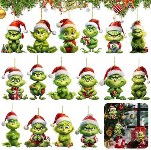 16Pcs Grinch Weihnachtsschmuck - 2D Anhänger, Acryl-Hängende Ornamente, Weihnachtsbaum Deko Lustig