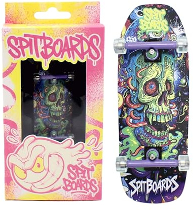 SPITBOARDS 34mm Fingerboard Oldschool Cruiser Pro Complete Setup, Pre-Assembled 5-Layer Wood, Pro Trucks, Soft Urethane 60D Bearing Wheels, Real Wear Graphics, Lasered Foam Tape 'Frankenskull'
