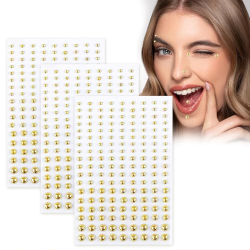 Moguri 3 Sheets of Gold Face Gems, Fake Lip and Nose Stud Stickers, Eyebrow Piercing Stickers, Non-Penetrating Nose Jewellery for Halloween, Y2K Punk, Cosplay, Includes Tweezers