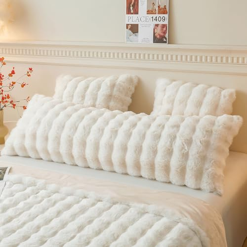 LIFEREVO Fluffy Faux Rabbit Fur Long Bolster Pillowcase 50x137 cm, Beige | Soft Cozy Body Pillow Cover with Zipper, Plush Shaggy Waffle Bubble Bed Pillow Case for Pregnancy Women Side Sleeper, 4.6ft