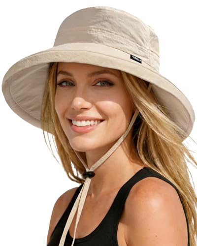 FURTALK Wide Brim Sun Hat with Ponytail Hole for Women UPF 80+ UV Protection Packable Bucket Hiking Travel Outdoor Hat Khaki