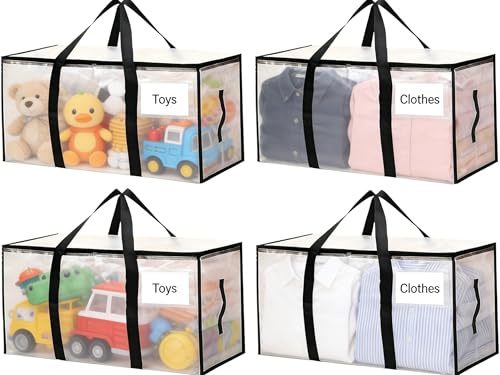 Zandrix Extra Large Moving Boxes Bags, 93L Heavy Duty Cloths Storage Bags with Backpack Straps, Waterproof Foldable Storage Totes Bins for College Dorm, Christmas Decorations Travelling—4 Pack, Clear