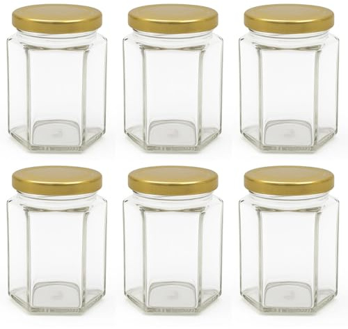 Bramley & Sage 190ml 8oz Hexagonal Jam Jar with Gold Twist-Off Lid (Set of 6)