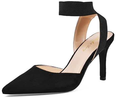 Zhabtuc Élégantes Escarpins à Talons Aiguilles de 8 cm avec Bride élastique à la Cheville et Bout Pointu en Daim pour Femmes, Daim Noir, 40 EU