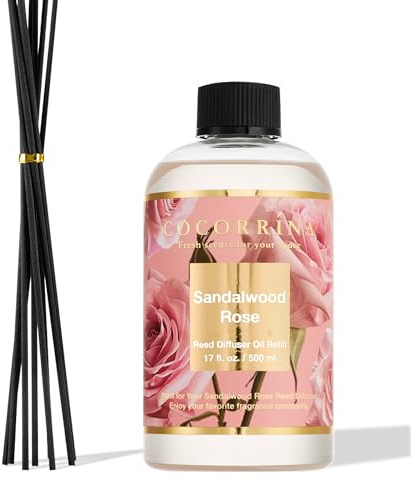 COCORRÍNA Reed Diffuser Refill with 8 Sticks, Sandalwood Rose 500ml Scented Oil Refill for Reed Diffuser Home Fragrance for Bedroom, Bathroom Office Home Décor