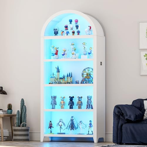 69 Tall Arched Display Cabinets with 3 Color Lights for Collectibles books toys,5-Tier Tall Bookcase Cupboard with Human Body Sensor for living room,bedroom